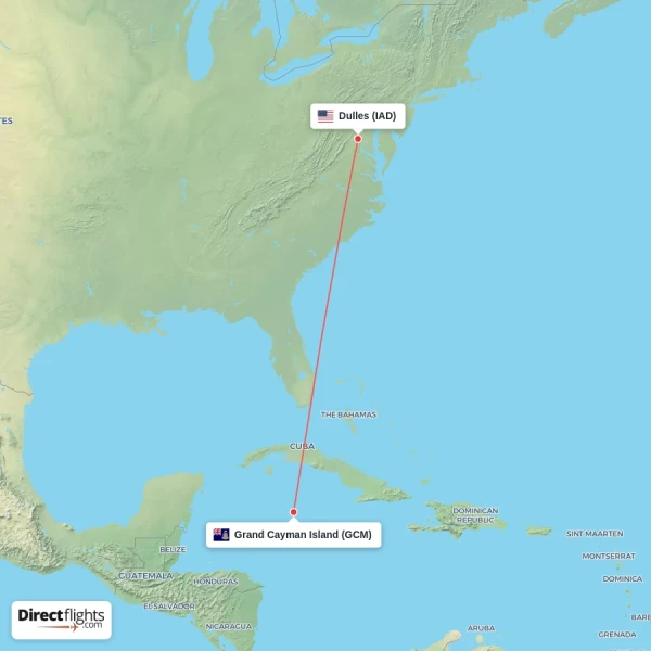 Grand Cayman Island - Dulles direct flight map