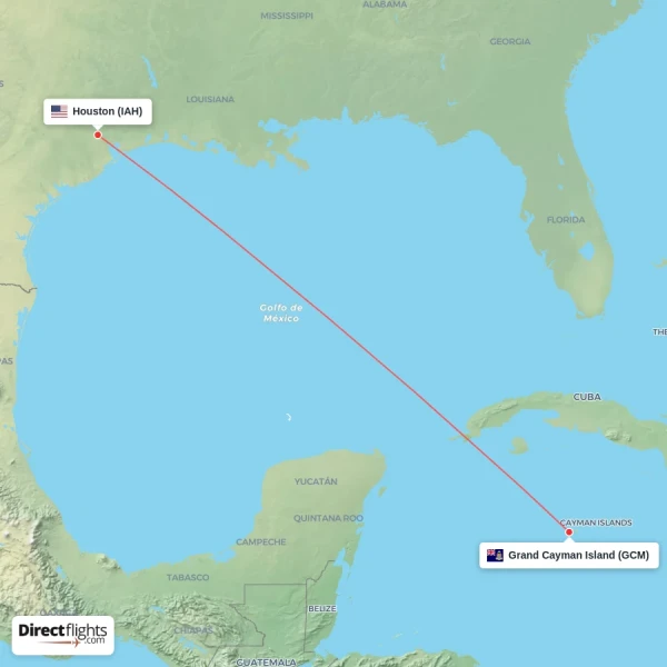 Grand Cayman Island - Houston direct flight map