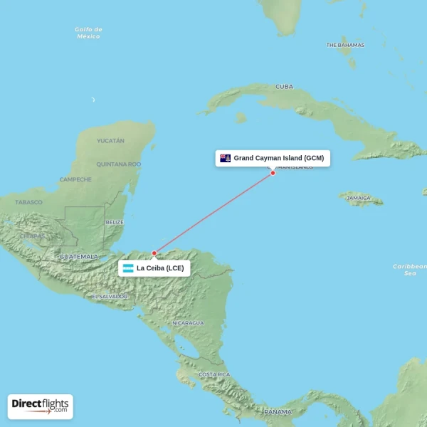 Grand Cayman Island - La Ceiba direct flight map