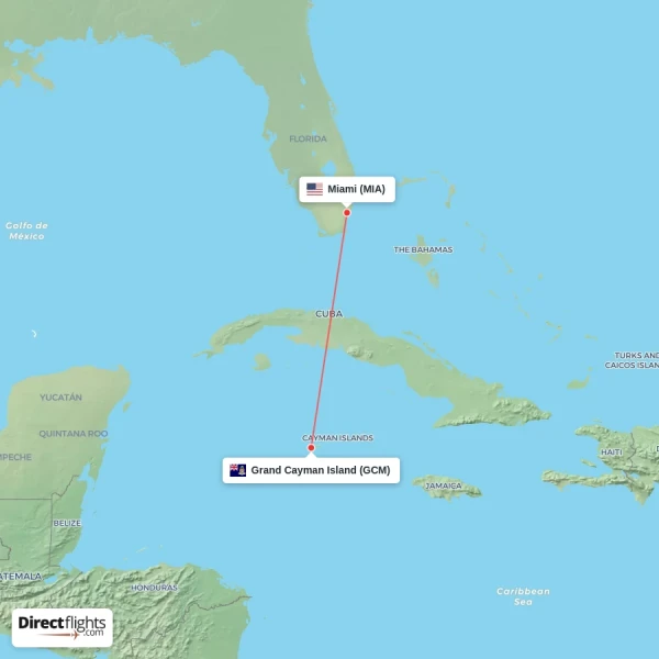 Grand Cayman Island - Miami direct flight map