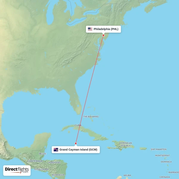Grand Cayman Island - Philadelphia direct flight map
