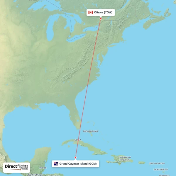 Grand Cayman Island - Ottawa direct flight map