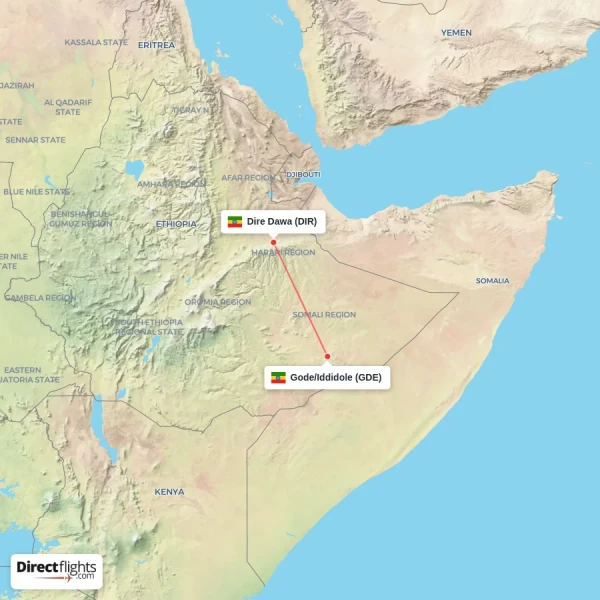 Gode/Iddidole - Dire Dawa direct flight map