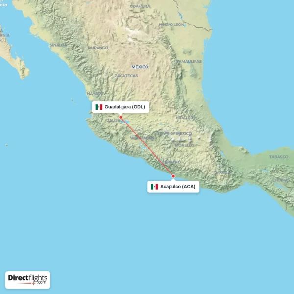 Guadalajara - Acapulco direct flight map