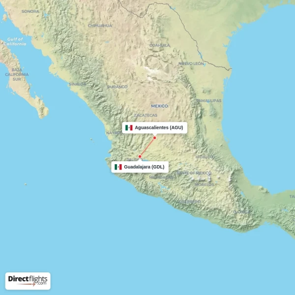 Guadalajara - Aguascalientes direct flight map