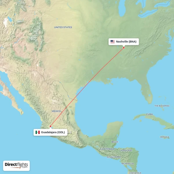 Guadalajara - Nashville direct flight map