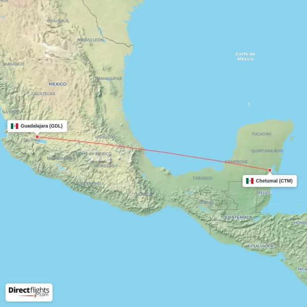 Guadalajara - Chetumal direct flight map