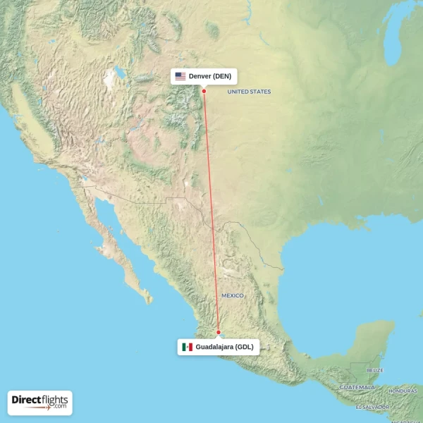 Guadalajara - Denver direct flight map