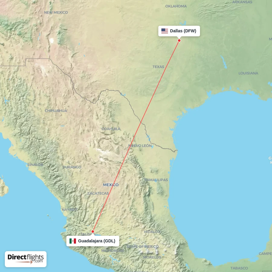 GDL - DFW route map