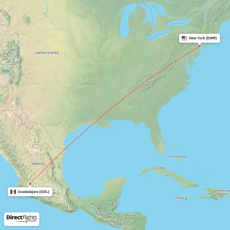 GDL - EWR route map