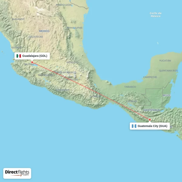 Guadalajara - Guatemala City direct flight map