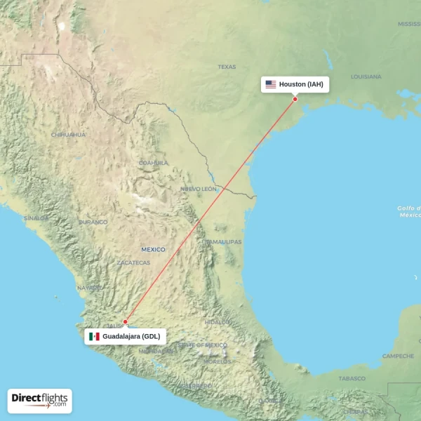 Guadalajara - Houston direct flight map