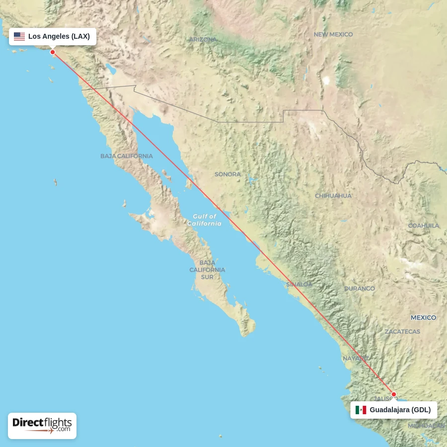 GDL - LAX route map