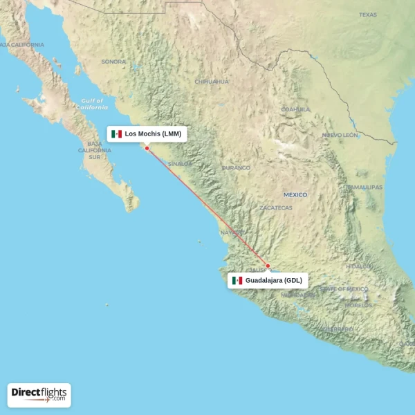 Guadalajara - Los Mochis direct flight map