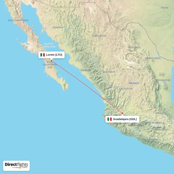 Guadalajara - Loreto direct flight map