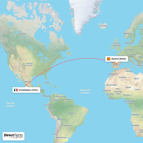 Guadalajara - Madrid direct flight map