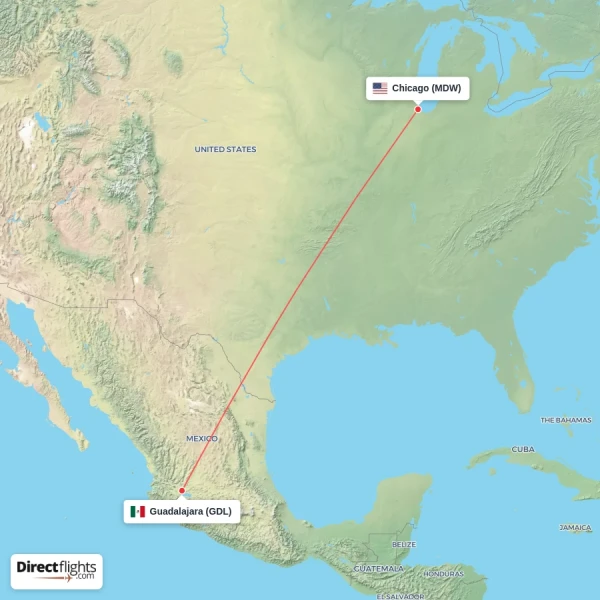 Guadalajara - Chicago direct flight map