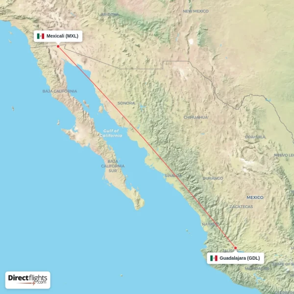 Guadalajara - Mexicali direct flight map