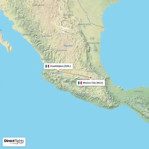 Guadalajara - Mexico City direct flight map