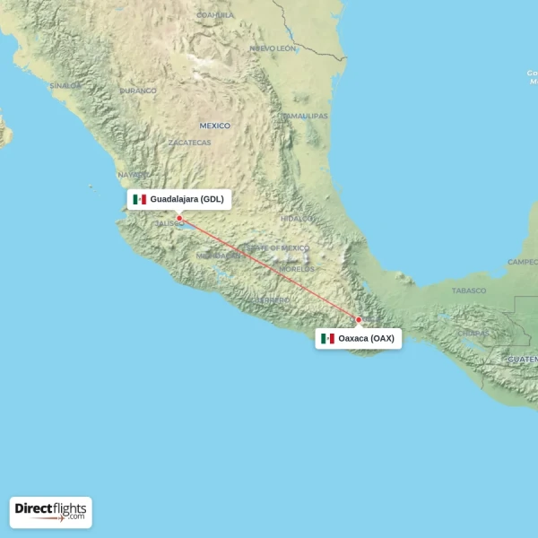 Guadalajara - Oaxaca direct flight map