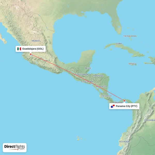 Guadalajara - Panama City direct flight map
