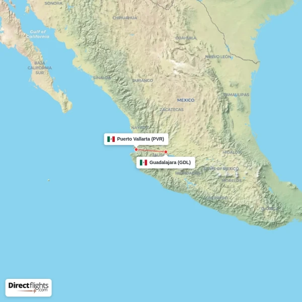 Guadalajara - Puerto Vallarta direct flight map