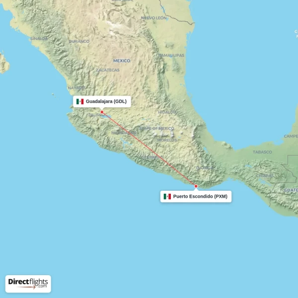 Guadalajara - Puerto Escondido direct flight map