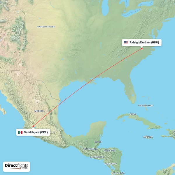 Guadalajara - Raleigh/Durham direct flight map