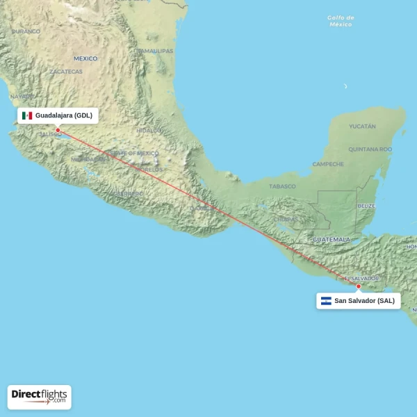 Guadalajara - San Salvador direct flight map
