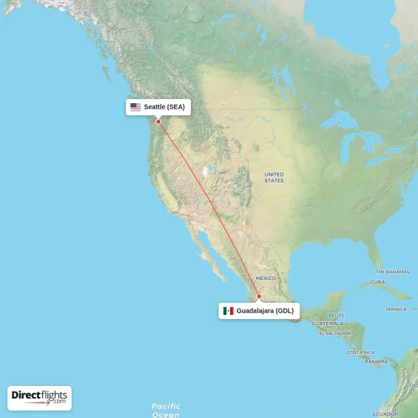 Guadalajara - Seattle direct flight map