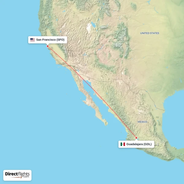 Guadalajara - San Francisco direct flight map