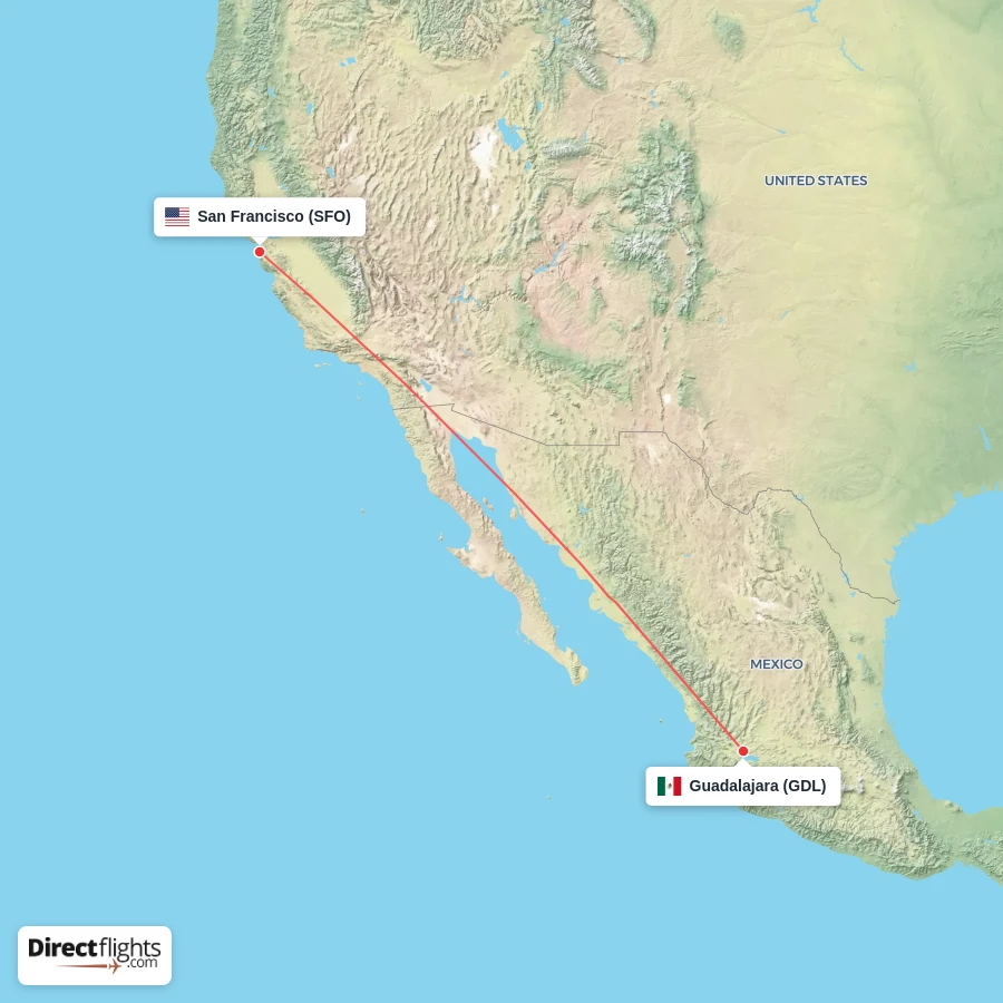 GDL - SFO route map