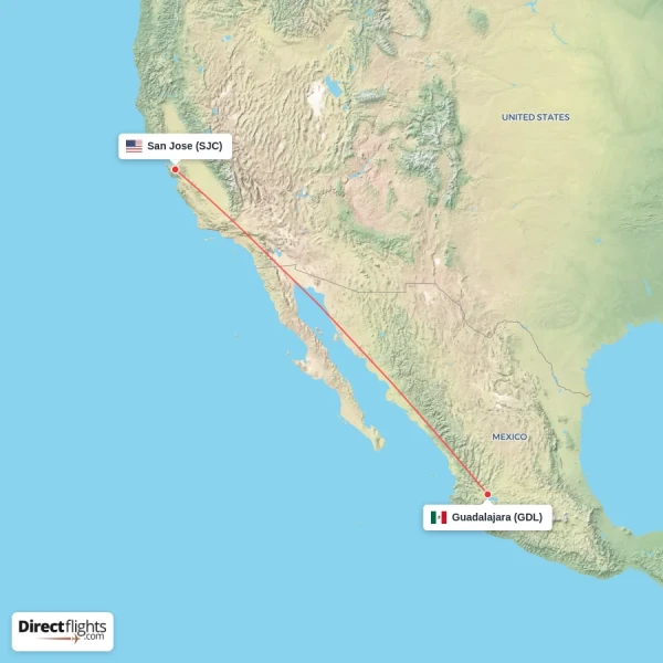 Guadalajara - San Jose direct flight map