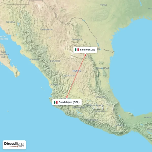 Guadalajara - Saltillo direct flight map