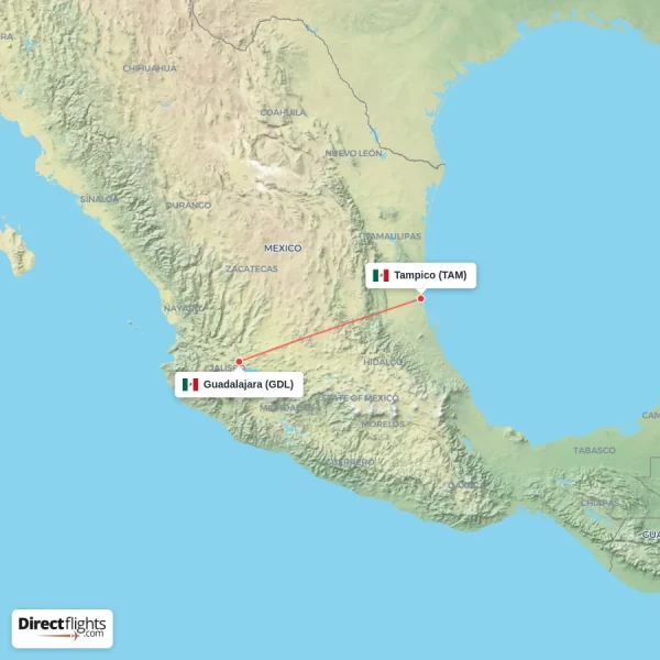 Guadalajara - Tampico direct flight map