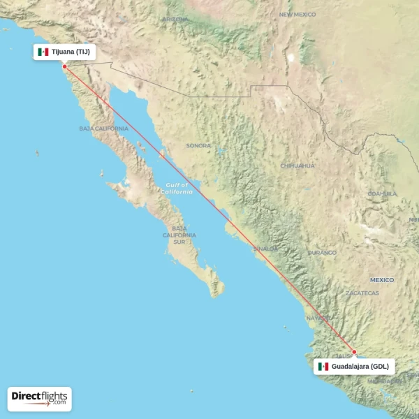 Guadalajara - Tijuana direct flight map