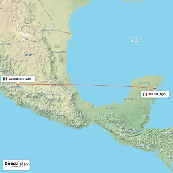 Guadalajara - TULUM direct flight map
