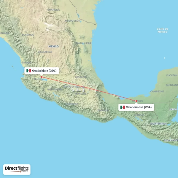 Guadalajara - Villahermosa direct flight map