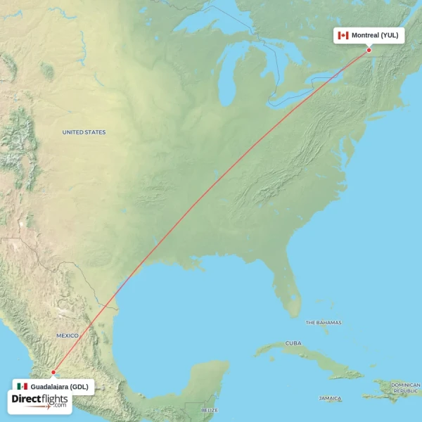 Guadalajara - Montreal direct flight map