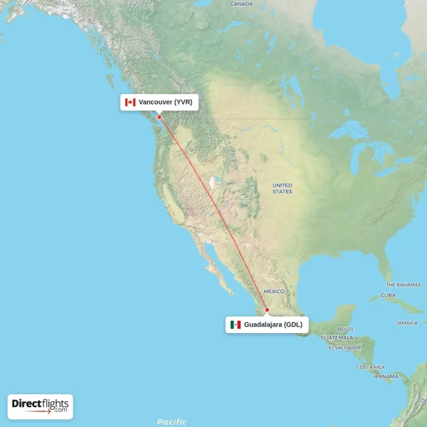Guadalajara - Vancouver direct flight map