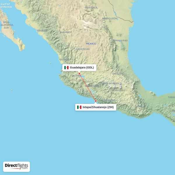 Guadalajara - Ixtapa/Zihuatanejo direct flight map