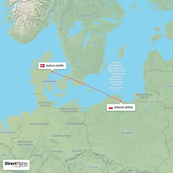 Gdansk - Aarhus direct flight map