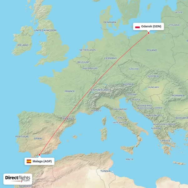 Gdansk - Malaga direct flight map