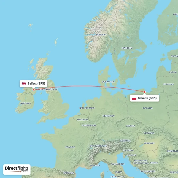 Gdansk - Belfast direct flight map