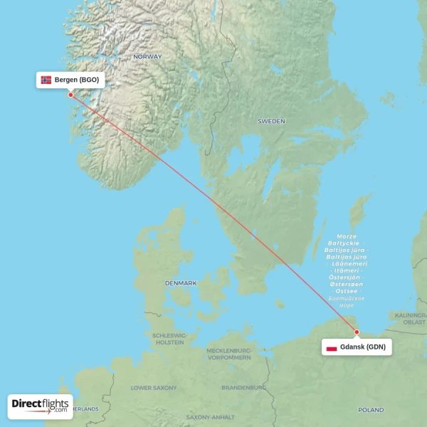 Gdansk - Bergen direct flight map