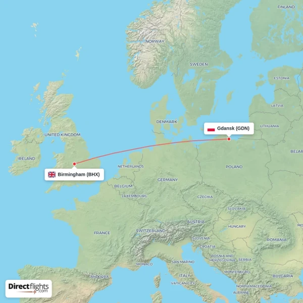 Gdansk - Birmingham direct flight map