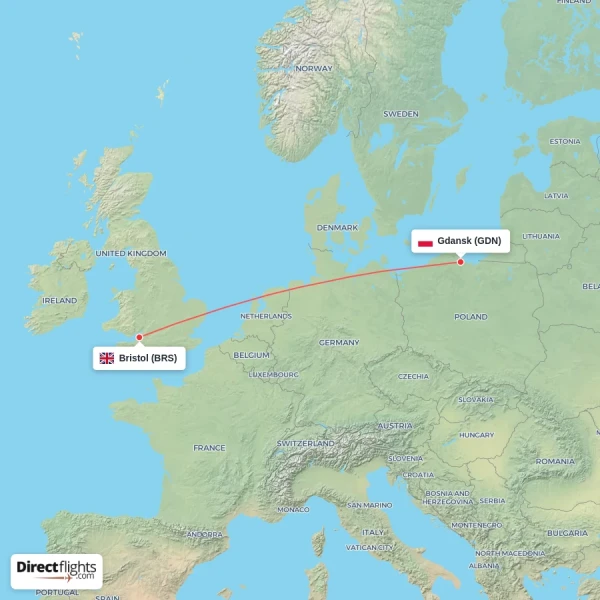 Gdansk - Bristol direct flight map