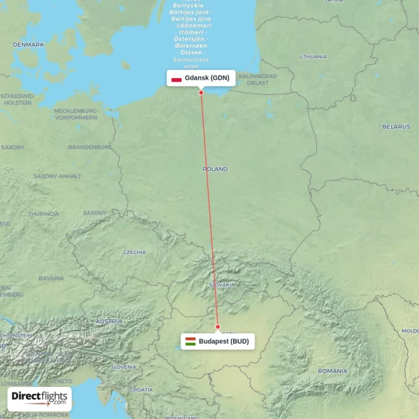 Gdansk - Budapest direct flight map