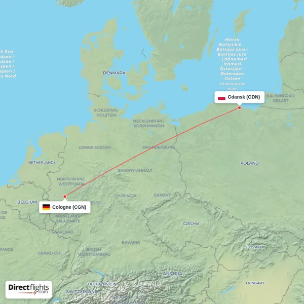 Gdansk - Cologne direct flight map