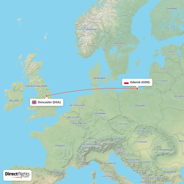 Gdansk - Doncaster direct flight map